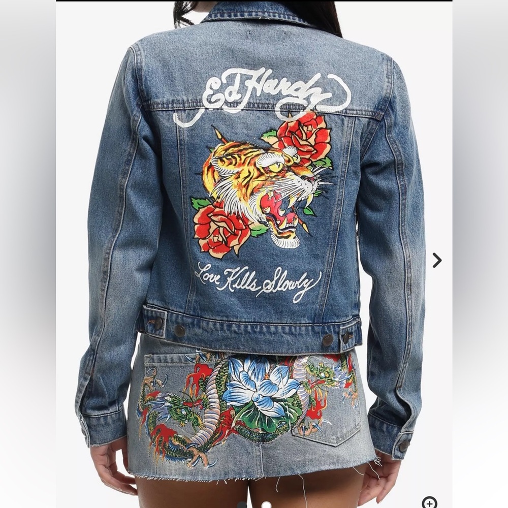Ed Hardy Y2K Screaming Tiger Denim Jacket – Embroidered “Love Kills Slowly” L - Picture 2 of 12